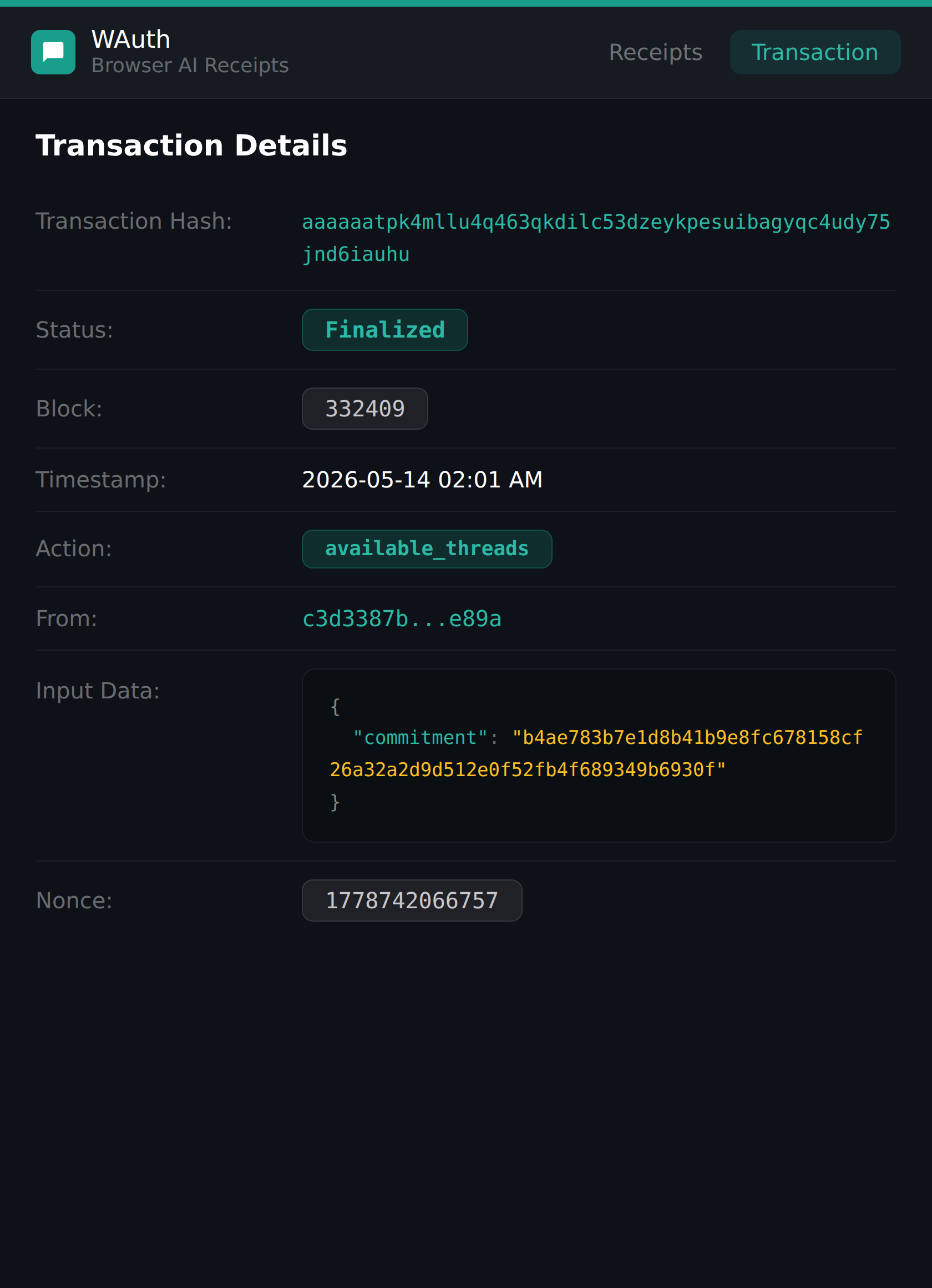 WAuth browser AI receipt showing cryptographically signed transaction details